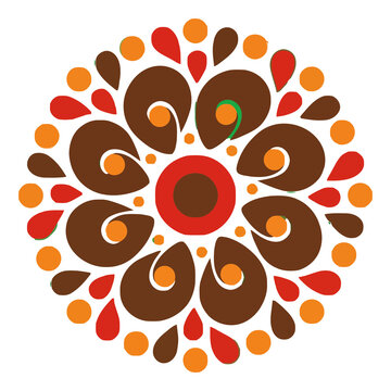 Circular mandala pattern with red, orange, and brown shapes