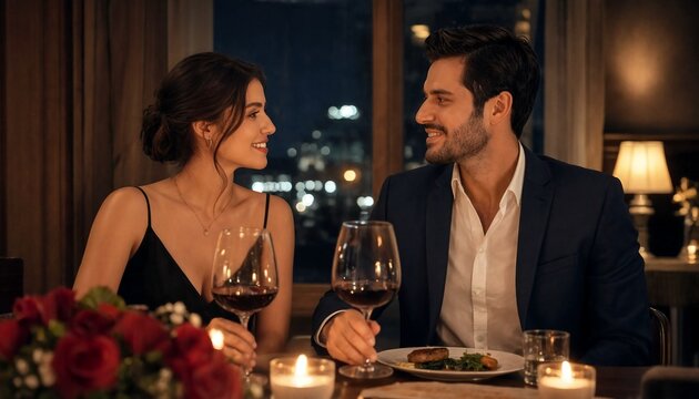 Happy couple having a romantic dinner with wine at a fancy restaurant