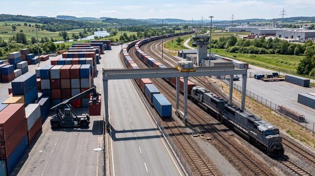 Modern Intermodal Freight Train Carrying Shipping Containers at Logistics Terminal