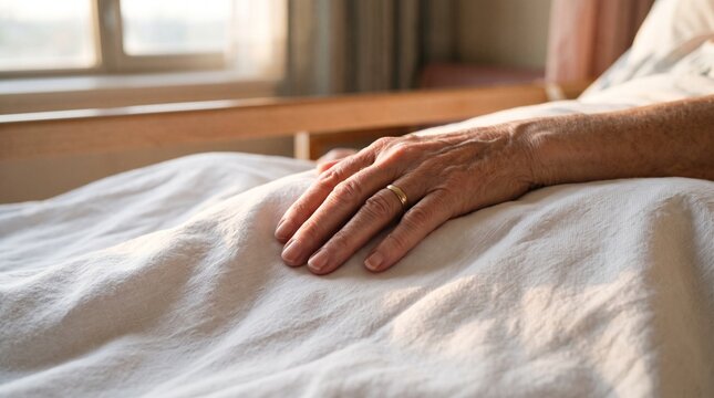 Elderly patient hand resting on hospital bed blanket in a clinic room