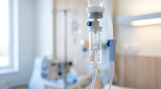 Medical IV drip chamber infusing saline solution inside hospital room