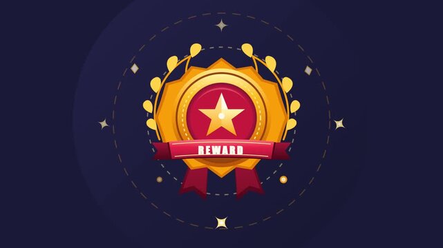 Golden Achievement Award Badge with Star and Ribbon on Dark Blue Background, Gamification Reward Icon for Success and Excellence in Digital Interface and Graphic Illustration for Winners.