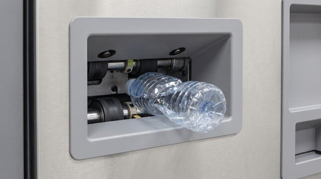 A Plastic Bottle Pushed Into The Intake Slot Of A Reverse Vending Machine Showing Deposit Return Recycling