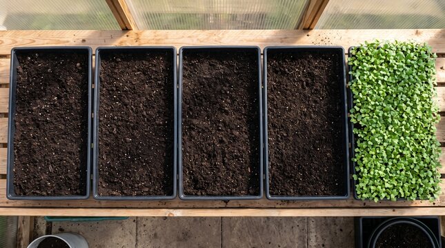 A Row Of Identical Seed Trays On A Greenhouse Bench With Uneven Germination As Inconsistency Metaphor