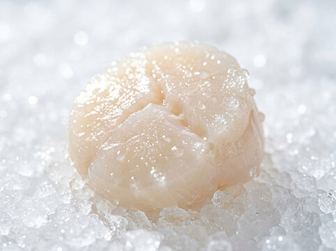 A single fresh raw scallop placed on a bed of crushed ice.