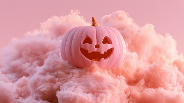 Pink Halloween pumpkin with carved smiling face on fluffy pink cloud background with soft pastel color tone