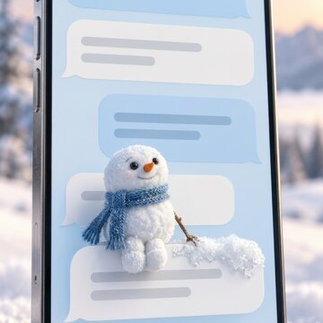 Cute Snowman Swaying on a Smartphone Chat Bubble While Messages Scroll Behind Him