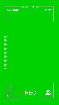 Camera viewfinder overlay uses a portrait screen with corner lines, lower REC text, side meter marks, and control symbols over a green chroma field. Built for interface mockups and camera scenes.