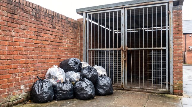Communal Bin Store Chained Shut With Refuse Bags Outside as a Service Failure Metaphor