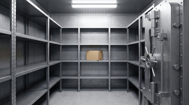 Overkill Concept, Heavy Steel Strongroom Empty Except for One Small Cardboard Box