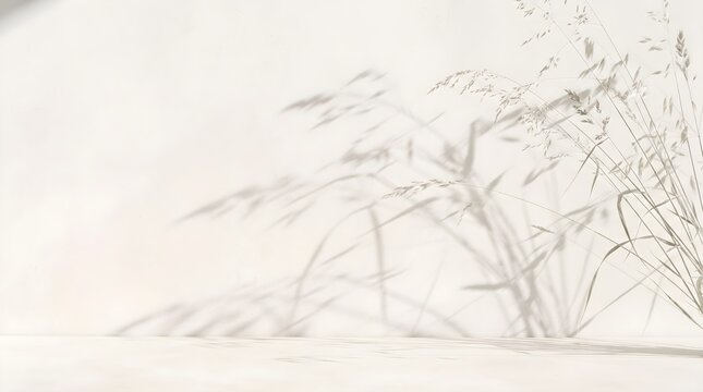 Delicate grass silhouettes and soft botanical shadows cast across a bright white surface, creating a minimalist natural background.