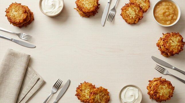 Potato latkes with sour cream and applesauce on a light wooden table