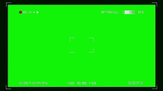 Camera recording overlay places a thin inner screen border around a center focus guide, with top status text and lower timing details on green. Designed for content creation and media production.