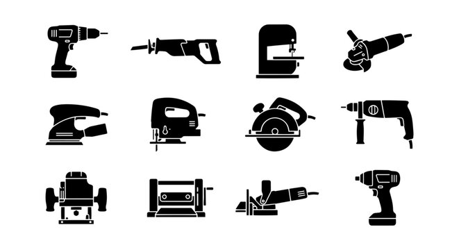 Power Tool Icons Set, Workshop Equipment Vector Graphics, Construction Tools Collection