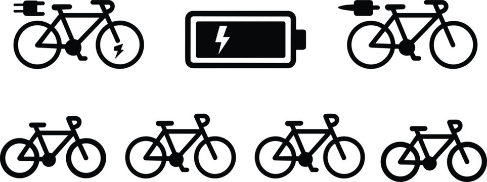 Electric bicycle icon vector set featuring battery plug lightning bolt and ebike symbols isolated on white background   