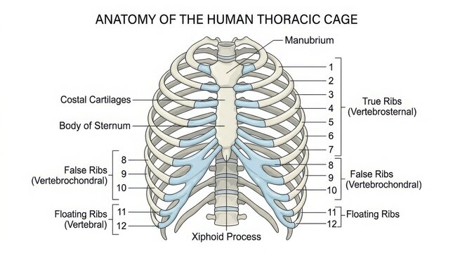 Anatomical diagram of human thoracic cage ribs and sternum illustration