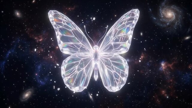 Translucent crystal butterfly floating against a deep cosmic background, with intricate crystalline wings refracting colorful rainbow light and creating an ethereal luminous fantasy atmosphere.