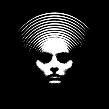 Mysterious Face with Hollow Eyes and Concentric Halo Rings, Grainy Surreal Dark Illustration