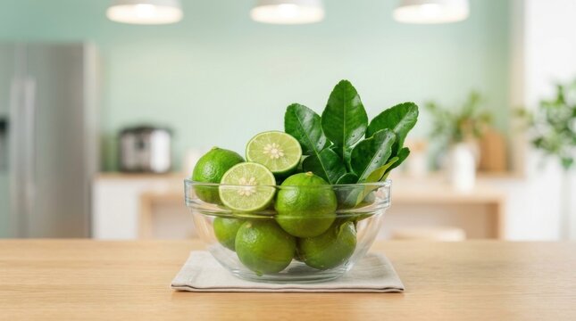 Fresh Kaffir Limes and Leaves in Glass Bowl on Pastel Background