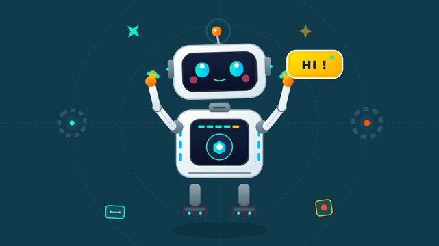 Friendly Cute Robot Character Waving and Saying Hi on Tech Background, Representing Future Technology, Artificial Intelligence