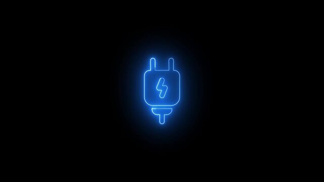 Glowing blue neon electric plug icon animation on black background
