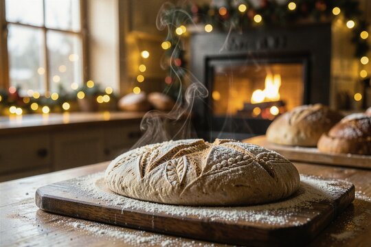 Artisan Sourdough Dough with Wheat Stalk Razor Scoring in Warm