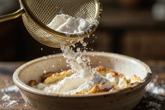 Fine White Flour Sifted through Antique Brass Mesh Sieve Tactile