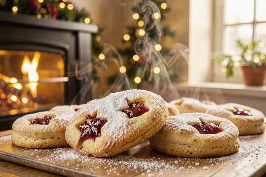 Austrian Linzer Sandwich Cookies with Red Raspberry Jam in Warm