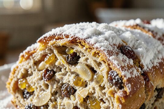 Traditional German Holiday Stollen Fruit Bread with Sugar Tactile