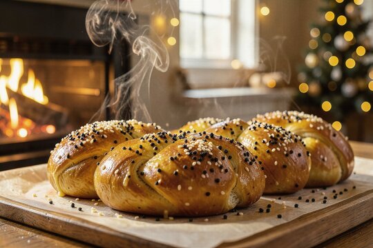 Golden Four Strand Braided Challah Loaf with Poppy Seeds in Warm