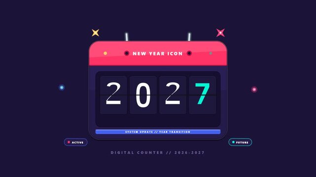 Modern flat design digital flip clock counter animation showing the transition from year 2026 to 2027, featuring a stylish user interface for new year celebration and future planning concepts.
