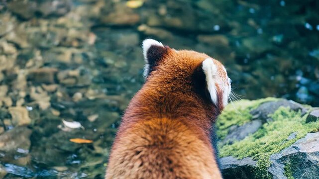Red panda looking at clear forest stream from behind mossy rock