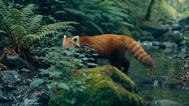 Red panda walking across shallow forest creek surrounded by ferns