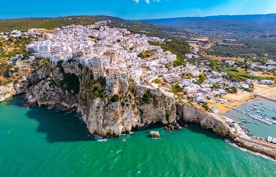Aerial view of Peschici in the province of Foggia, Apulia, Italy