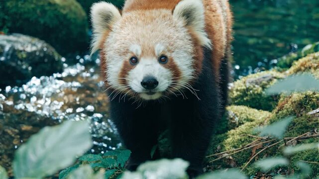 Red panda walking forward and looking into camera by forest brook