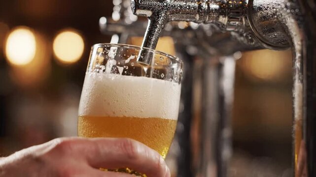 Extreme Close-Up Cinematic Footage of Hand Holding Glass Under Beer Tap