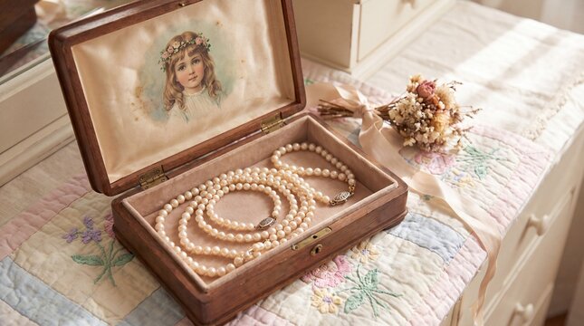 Elegant pearl necklaces displayed in vintage jewelry box, luxury accessories concept