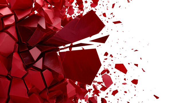 Dynamic red shattered surface exploding into fragments on white background