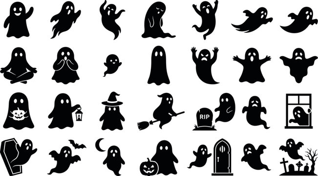 Collection of halloween ghost silhouettes on a white background depicting spooky apparitions