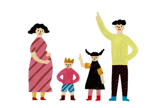妊婦さんと子ども2人、両親の家族イラスト