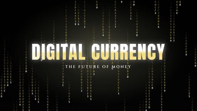 Digital currency text reveals future of money with falling binary code