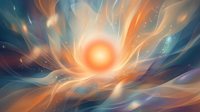 Luminous orange orb pulsating with light amidst flowing, ethereal blue and gold waves and particles