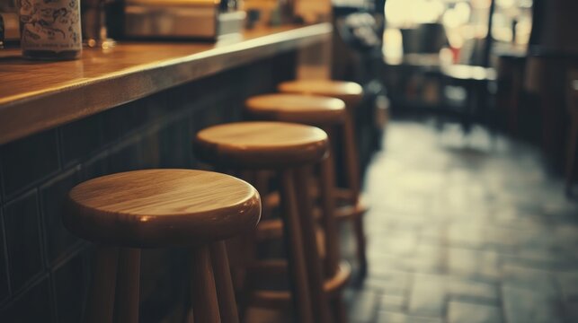 Wooden bar stools in a cafe