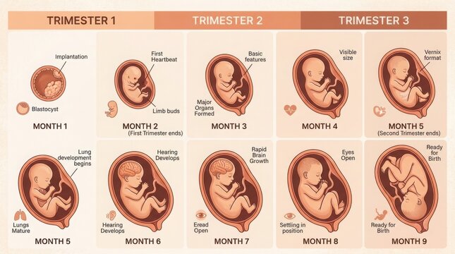 Fetal development chart showing nine months of human pregnancy illustration