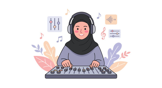 Muslim woman DJ wearing a black hijab and headphones is expertly mixing music on a soundboard, surrounded by musical notes and audio wave graphics, representing her passion for music production.