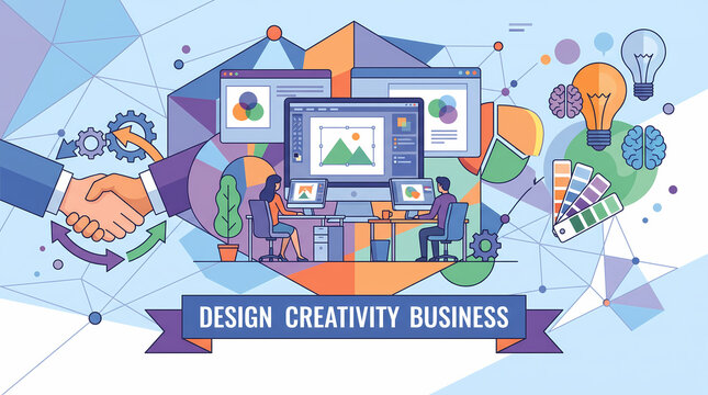 creative design agency vector illustration modern abstract geometric graphic designers at work business handshake advertising office concept for poster flyer background