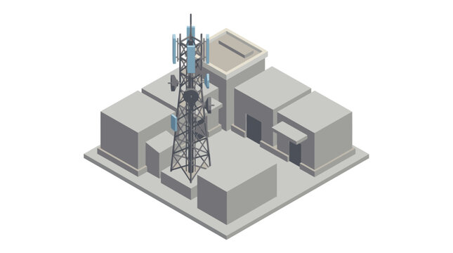 Sleek Isometric of Modern Building with Blue Grey Cell Tower and Antennas on Rooftop with high quality professional line art symbols for modern creative design and digital branding projects