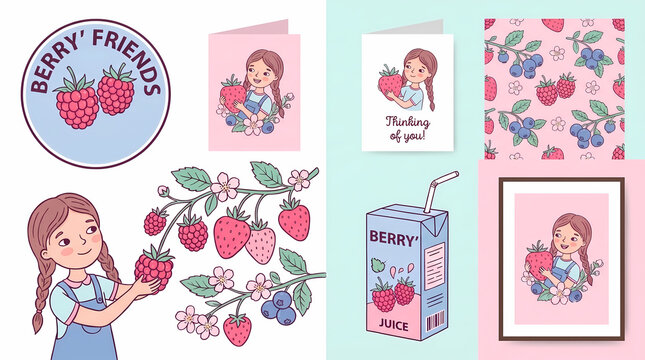 cute whimsical berry vector illustration set with playful girl raspberry strawberry blueberry botanical branch logo card background packaging poster design