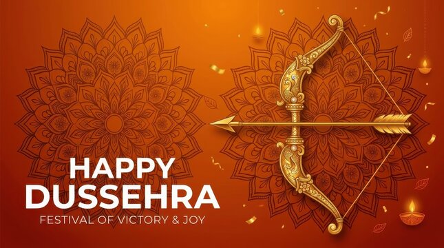 Happy dussehra greeting card with golden bow and arrow on decorative mandala background