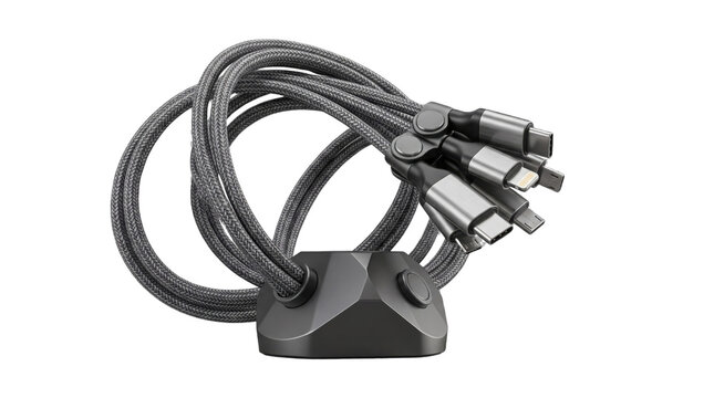 Multi-connector braided charging cable in grey, universal fast charger wire with multiple USB plugs, electronic device accessory isolated on white